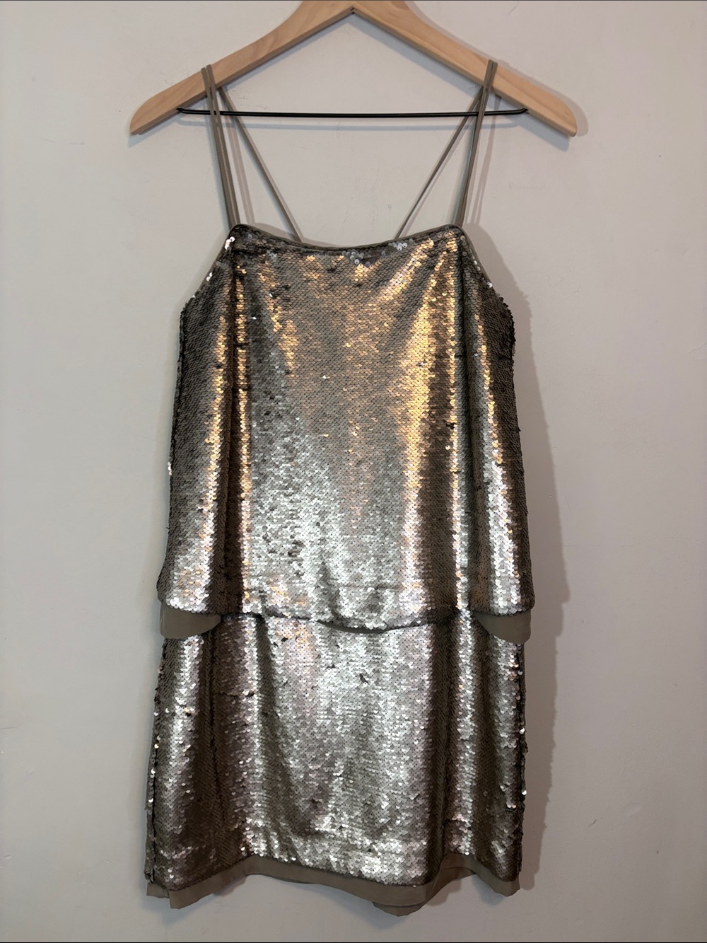Banana Republic Strappy Sequin Popover Mini Dress Gunmetal Sparkle Tiered Layer